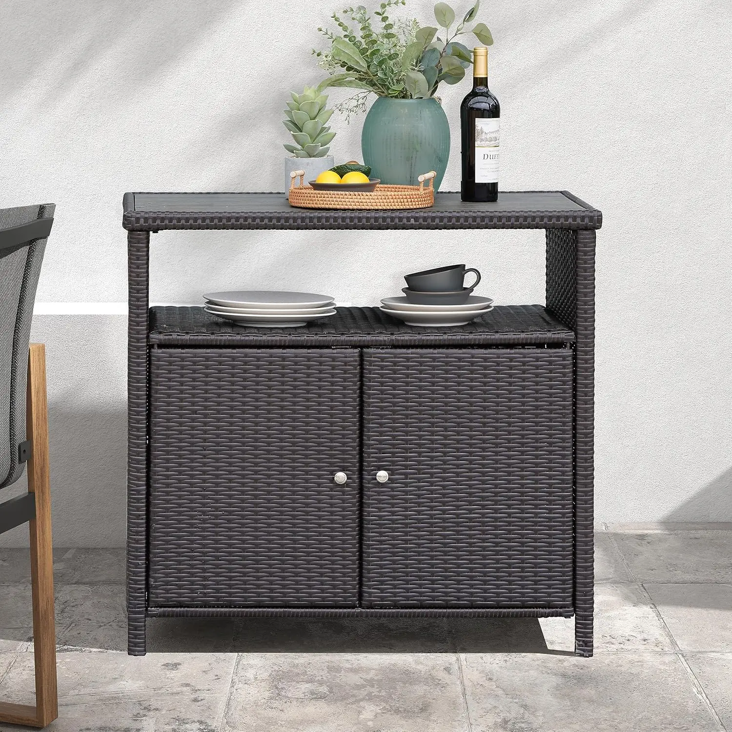

Outdoor Wicker Storage Cabinet 2-Door and Shelves Waterproof Patio Sideboard Buffet Cabinet, Dark Brown