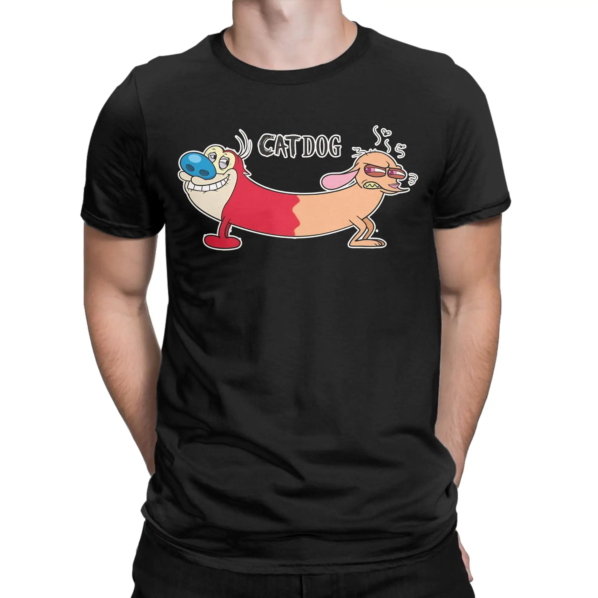 The original CatDog Funny 100% Cotton T-Shirt R-Ren & Stimpy Tees Tops For Men