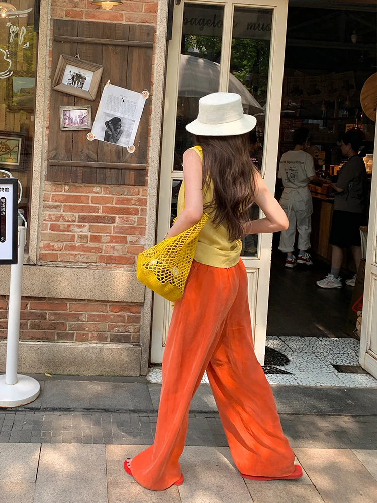 

Tingtings Orange Copper Ammonia Tead Pants Women Summer Thin Loose Wide Leg Floor Length Slimming Casual Trousers