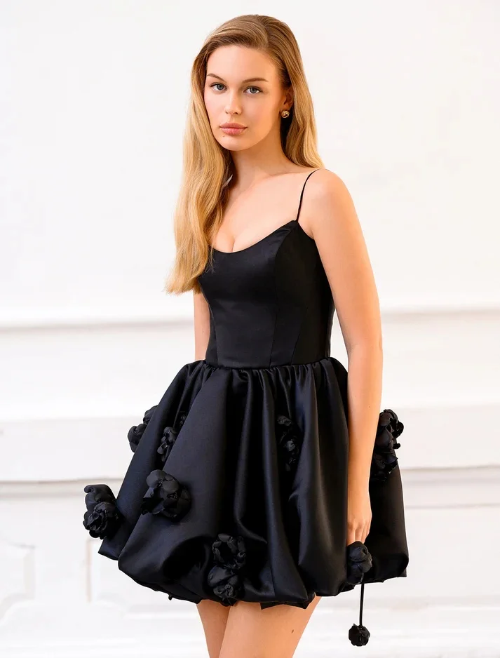 Mini Black Prom Dresses Floral Sexy Party Gowns Spaghetti Neck Evening Cocktail Dress Customized