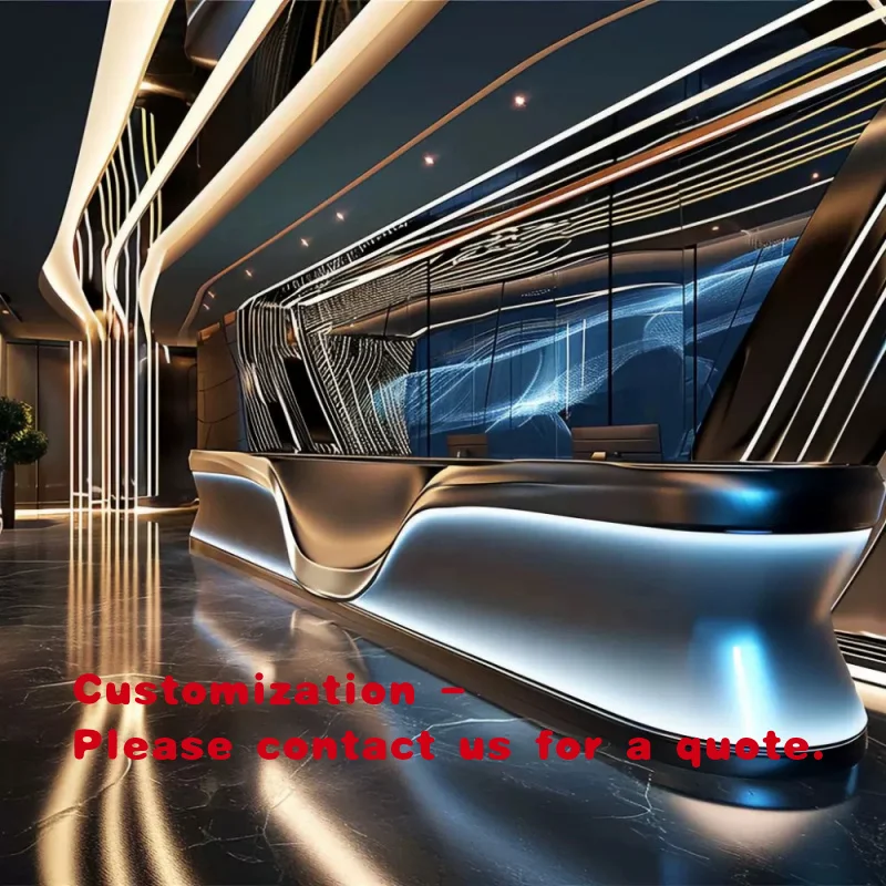 

Индивидуальный дизайн. Современная стойка ресепшн из нержавеющей стали для отелей, аэропортов, торговых центров. Лакированная, нестандартной формы, барная стойка.