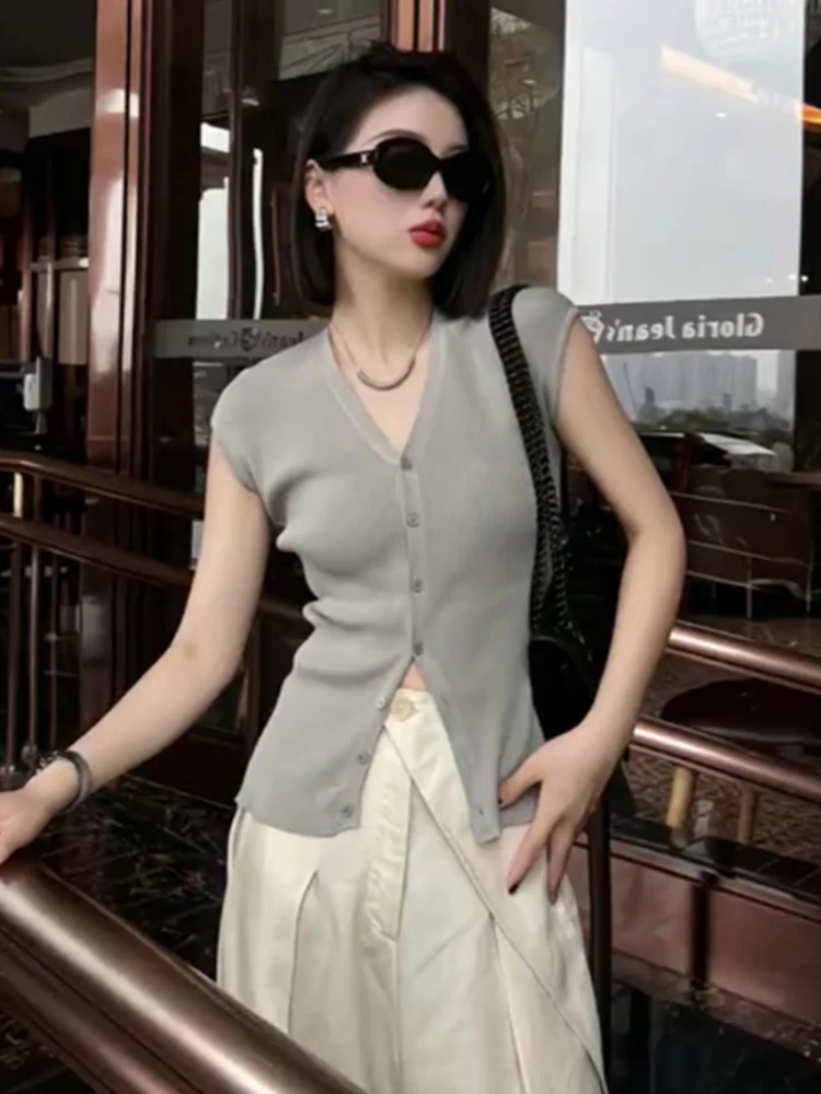 

Slim Fit V-Ne Вязаный кардиган из ледяного шелка ort Sve Летний модный универсальный базовый женский топ на одной пуговице