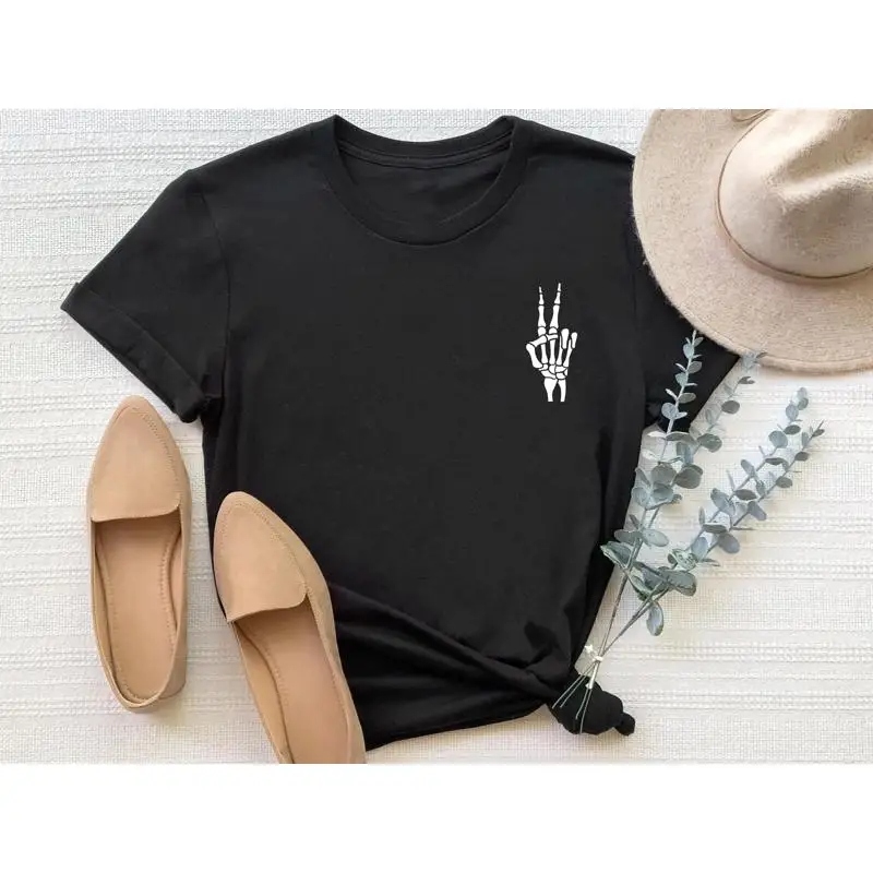 تي شيرت هيكل عظمي للسلام علامة يدوية للهالوين 2021 رعب مخيف #1