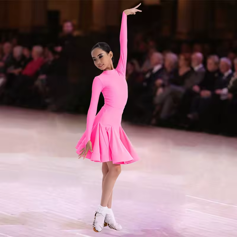 Girls Latin Dance Competition Clothing Glossy Fabric Long Sleeves Dance Dress Kids Cha Rumba Dance Practice Training Wear - Image 12