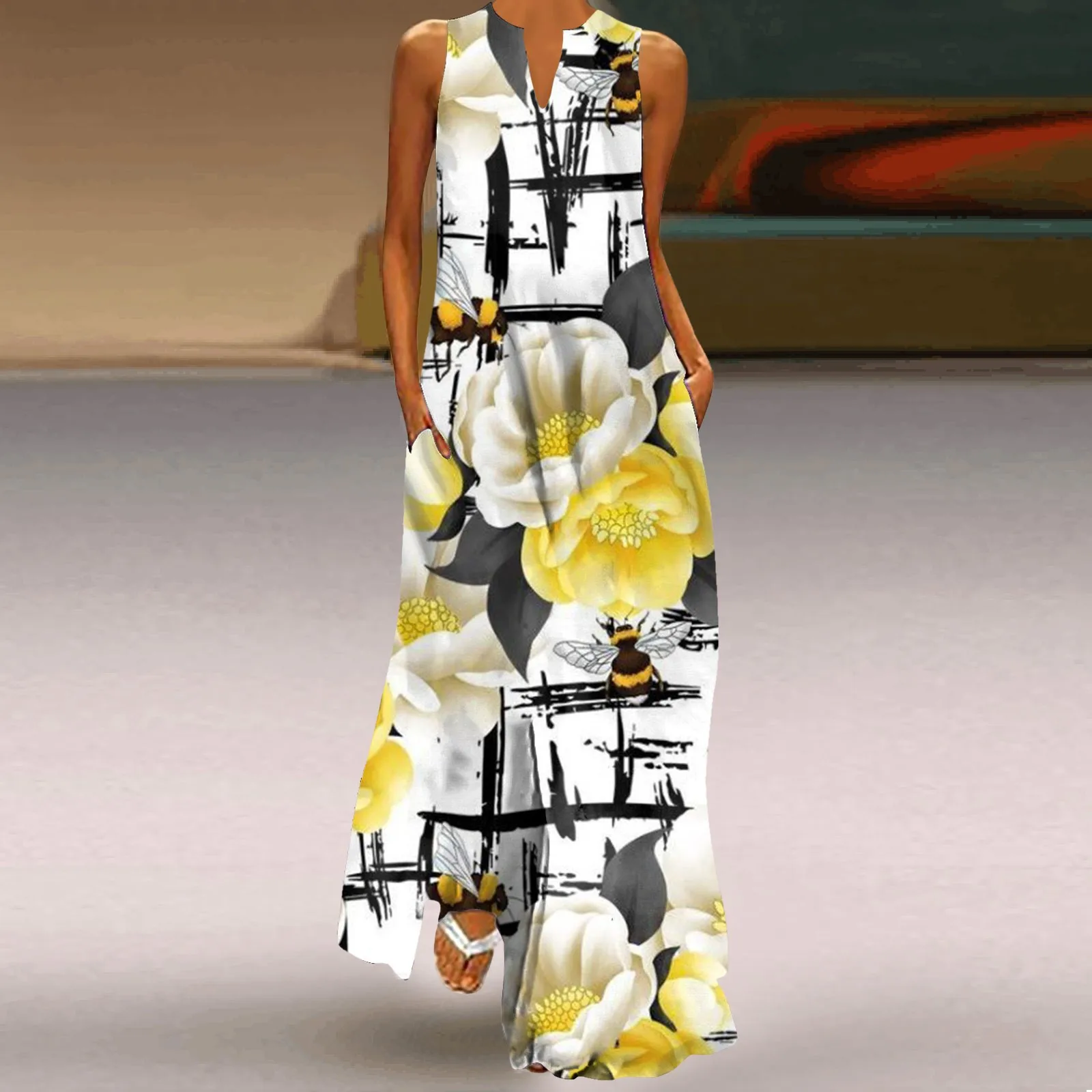 Modieuze dames maxi-jurk met holle V-hals, frisse bloemenprint, mouwloos, los, recht, strand, vakantie aan zee, lange jurk