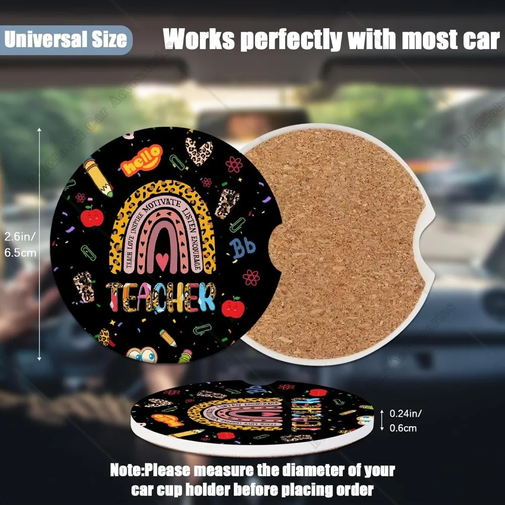 Car Cup Holder Coasters Teacher Rainbow Absorbent Ceramic Coaster 2 Pack Car Coasters for Cup Holders Car Interior Accessories