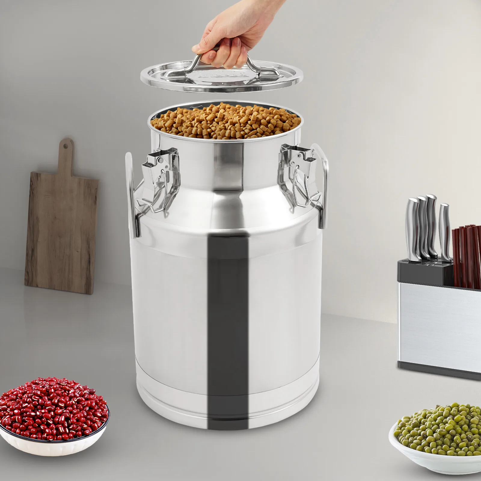 

28L 304 Stainless Steel Airtight Sealed Storage Container w/ Locking Lid & Handles, Large Capacity Food Grain Bin for Dry Foods