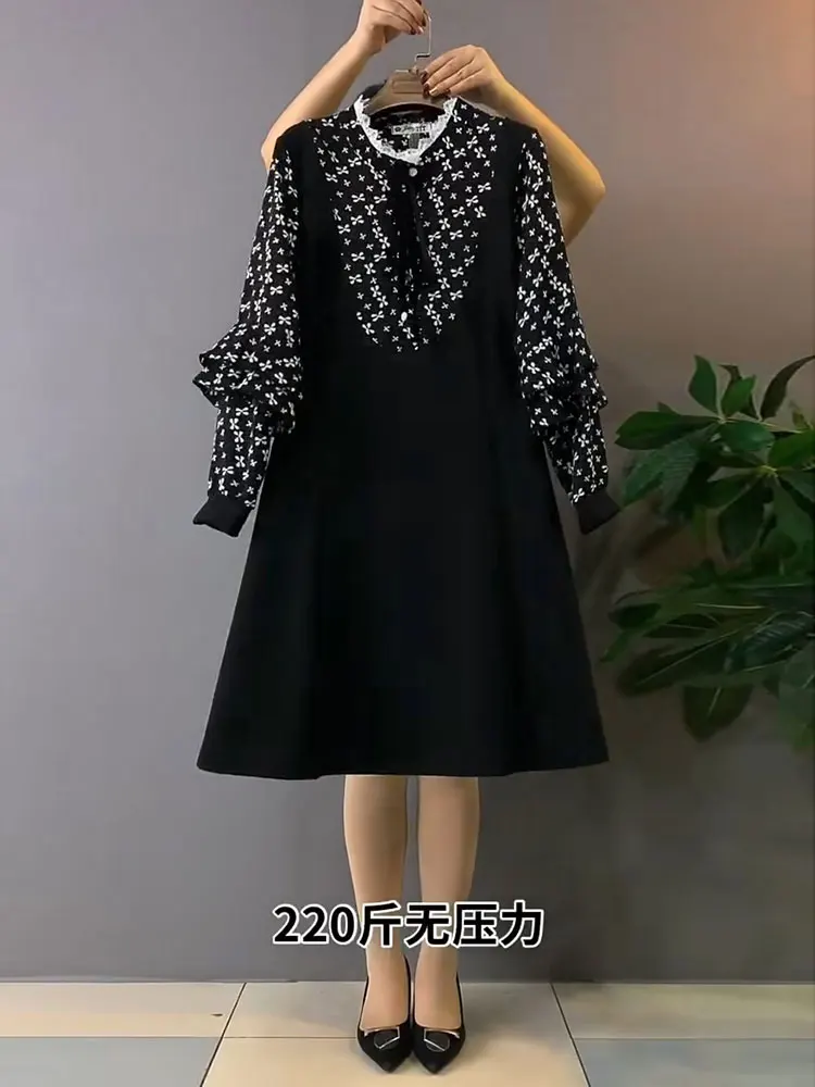 Frühling Herbst Plus Größe Temperament Koreanische Süße Bogen Spitze Kleid Mode Alter-Reduzierung Hohe Taille A-line Gefälschte Zwei taille Kleider