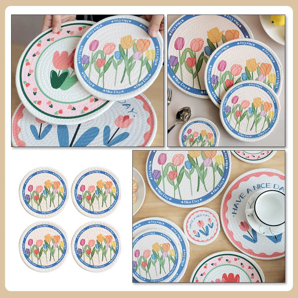 

4Pcs Cotton Rope Woven Placemats Heat Resistant Table Mat Decorative Floral Dining Pad Insulated Pot Mat for Home Use
