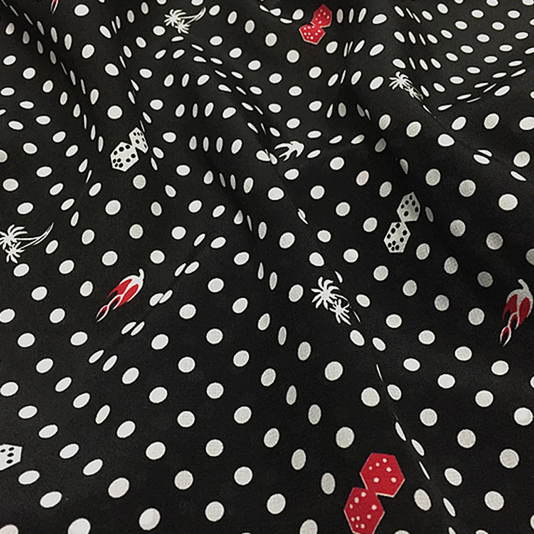 Fashion white polka dot print on black 100% pure mulberry silk crepe de chine fabric 138cm width for girl,SCDC1432