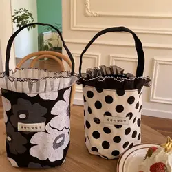 Temperament Bucket Bags Milk Tea Bags Beach Bag Korean Style Canvas Bags Spring Day Picnic Bags Women Handbags Lunch Bags