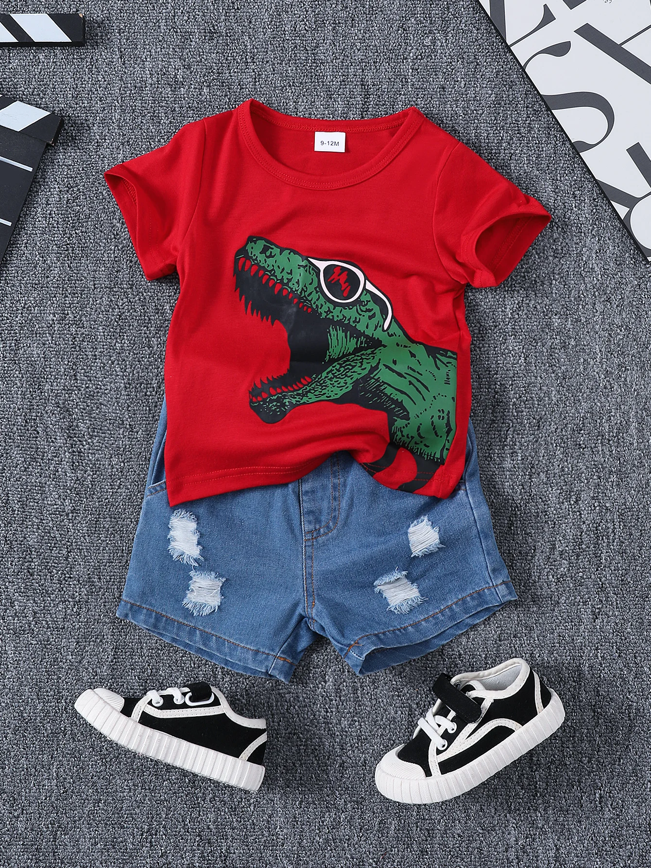 Summer  1-3  Years Old Cool  Boys  Dinosaur  Print  Short  Sleeved  Top  Denim  Shorts  2-Piece Set