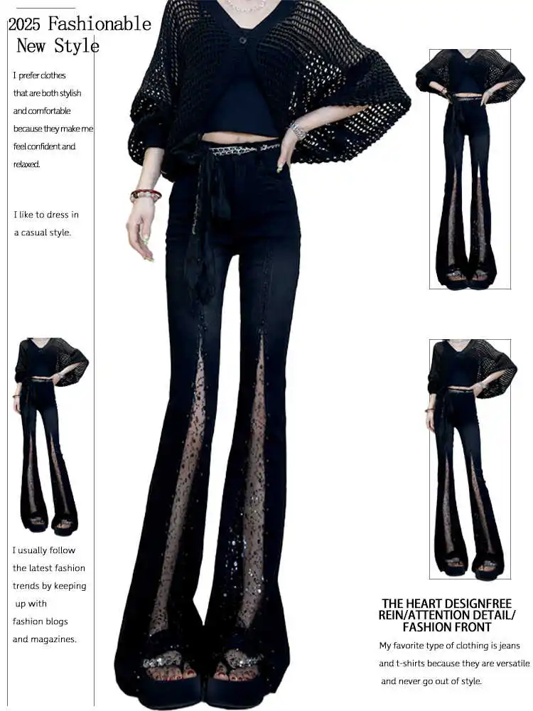 

Women's Low Flare Jeans Dark Academia Hollow Out Lace Abi Y2k Japanese Skinny Design Harajuku Long Trouser Denim Pants Bell New