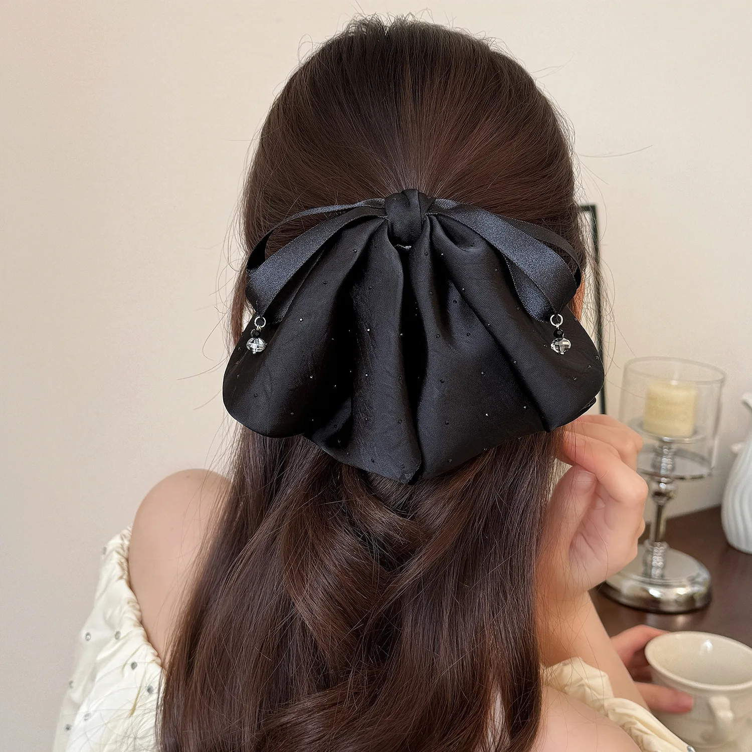 1pc Premium Crystal Bow Shark Clip French Light Luxury Hair Claw for Women Back of Head High Ponytail Volumizing