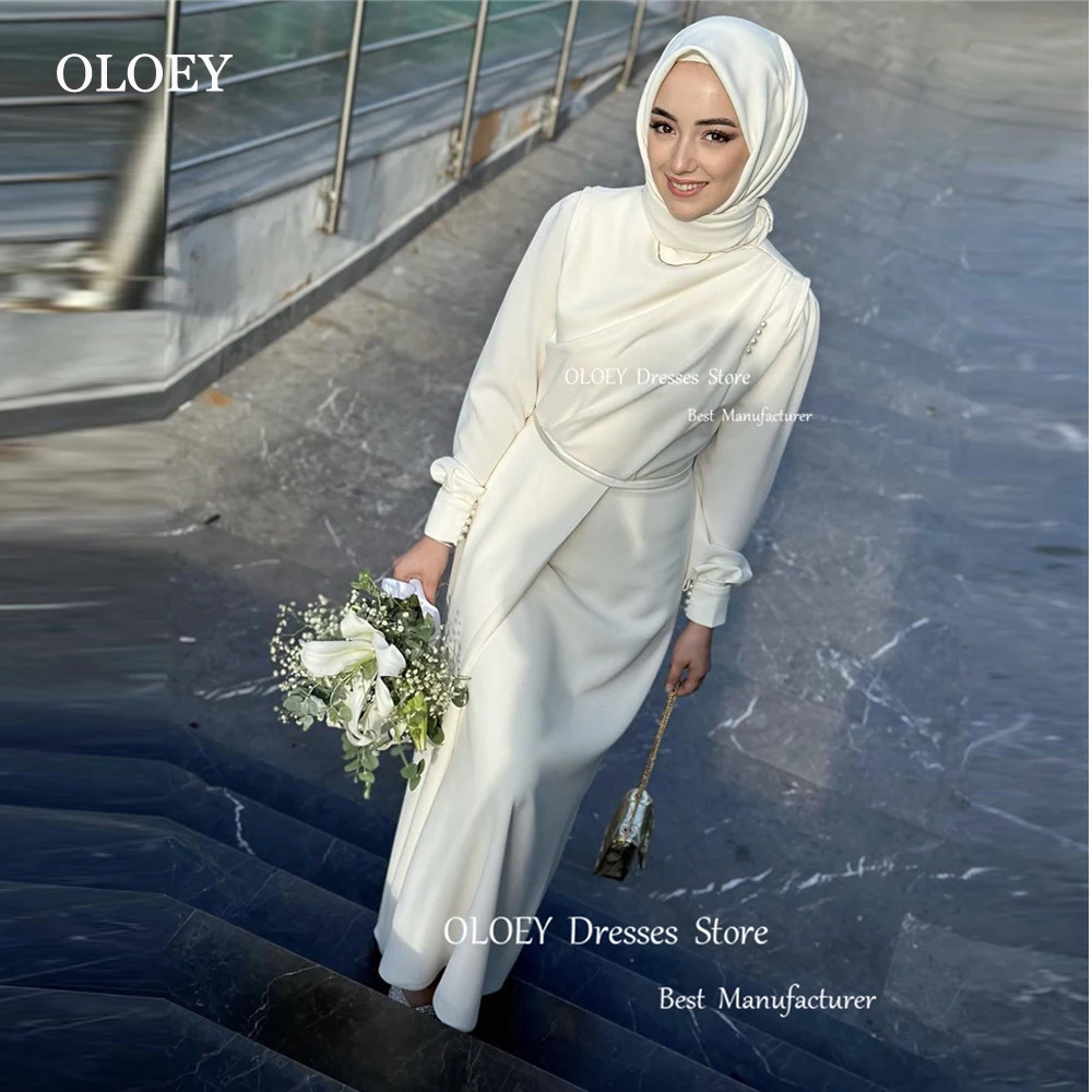 

OLOEY Modest Muslim Arabic Dubai Women Wedding Dresses Long Sleeves High Neck Floor Length Bridal Gowns Simple Bride Formal