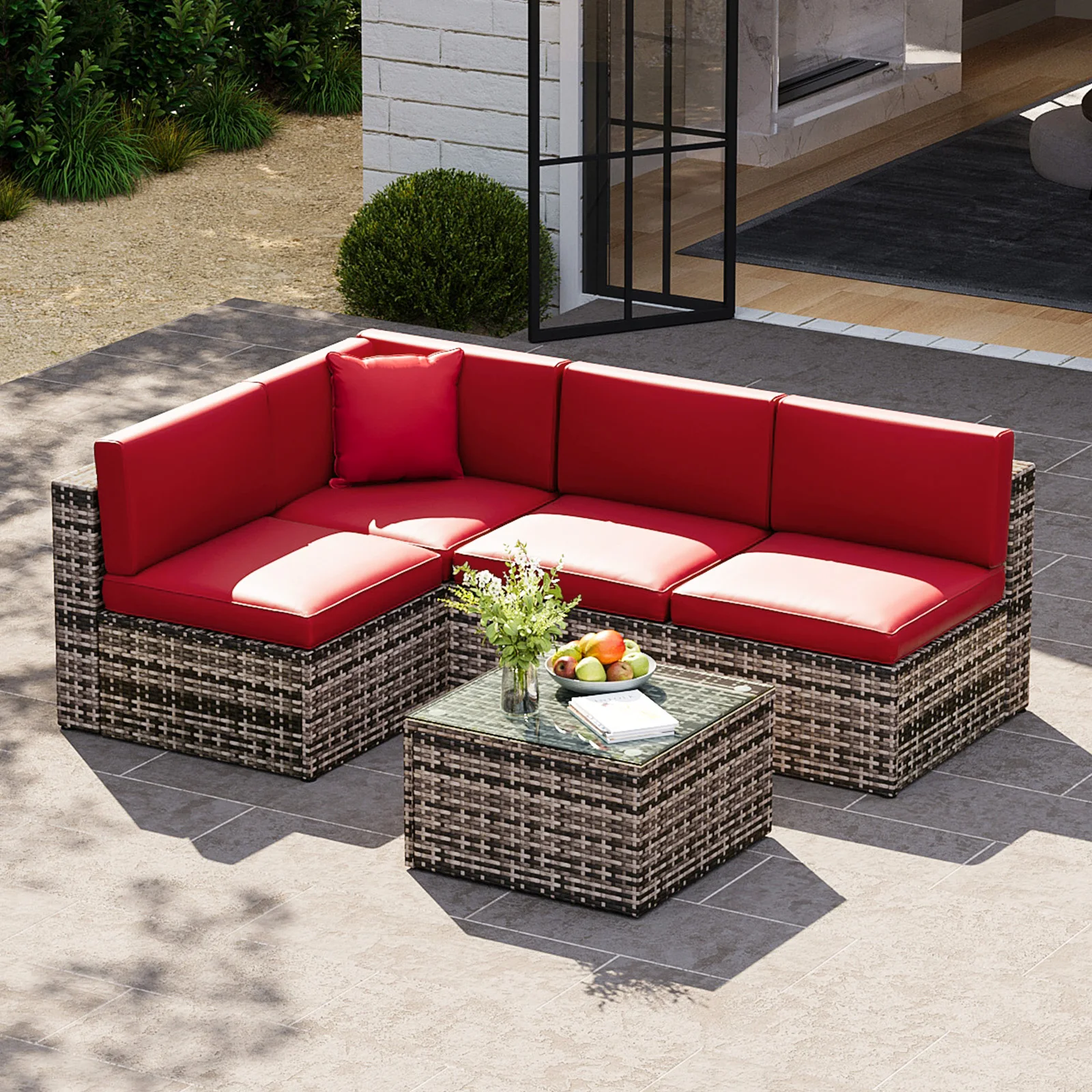 5-Piece Patio Furniture Set Outdoor Sectional Sofa Removable Cushions and Tempered Glass Coffee Table for Small Size