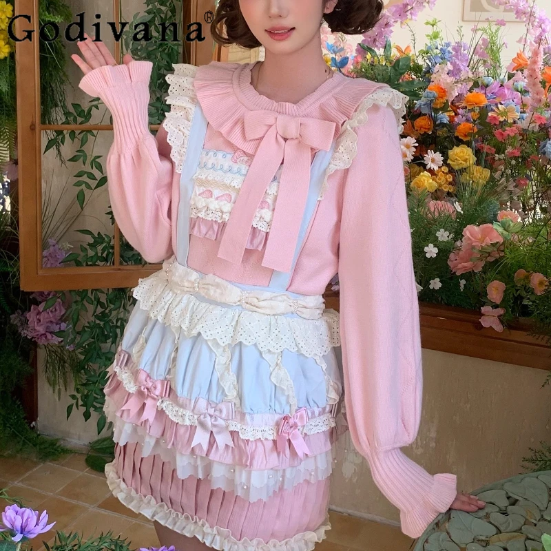 

Lolita Bottoming Shirt Ruffles Crew Neck Bow Long-sleeved Shirt 2025 Autumn and Winter Sweet Loose Women's Knitted Sweater Top