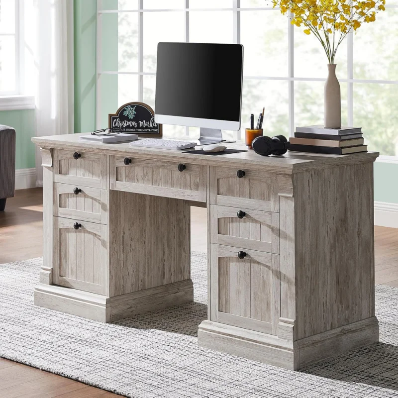 

Executive Desk with Drawers, Farmhouse Home Office Desk with Charging Station, Keyboard Tray, File Cabinet Storage, Wood