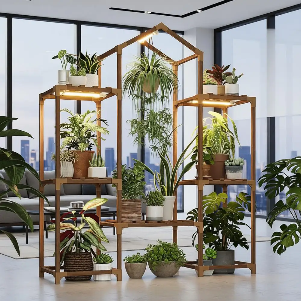 

Indoor Wooden Plant Stand with Grow Lights, Hanging Pots, and Living Room Garden Decor