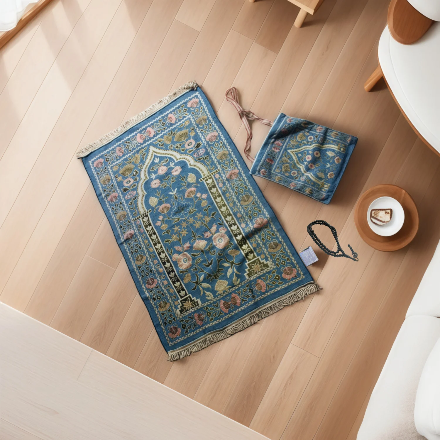 New‑style Chenille Floral Prayer Mat Three‑piece Set, 99‑bead Rosary, Satin‑look Crossbody Storage Bag and Prayer Cushion