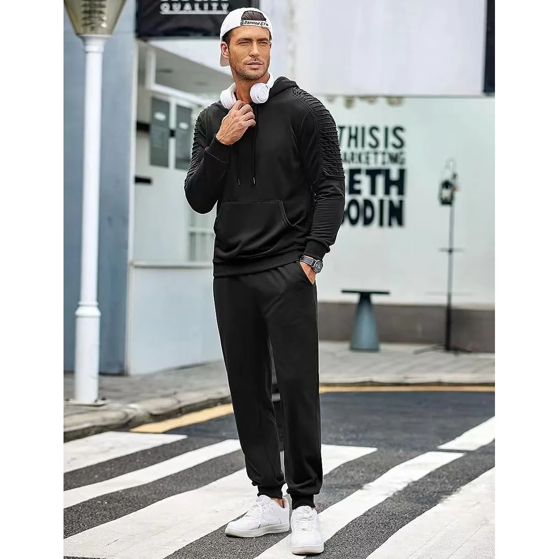 

Faion Men's Hooded Sweatirt Dstring Pants Casual Sportswear Set Autumn Long Sve Long Pants Big Size Clothing