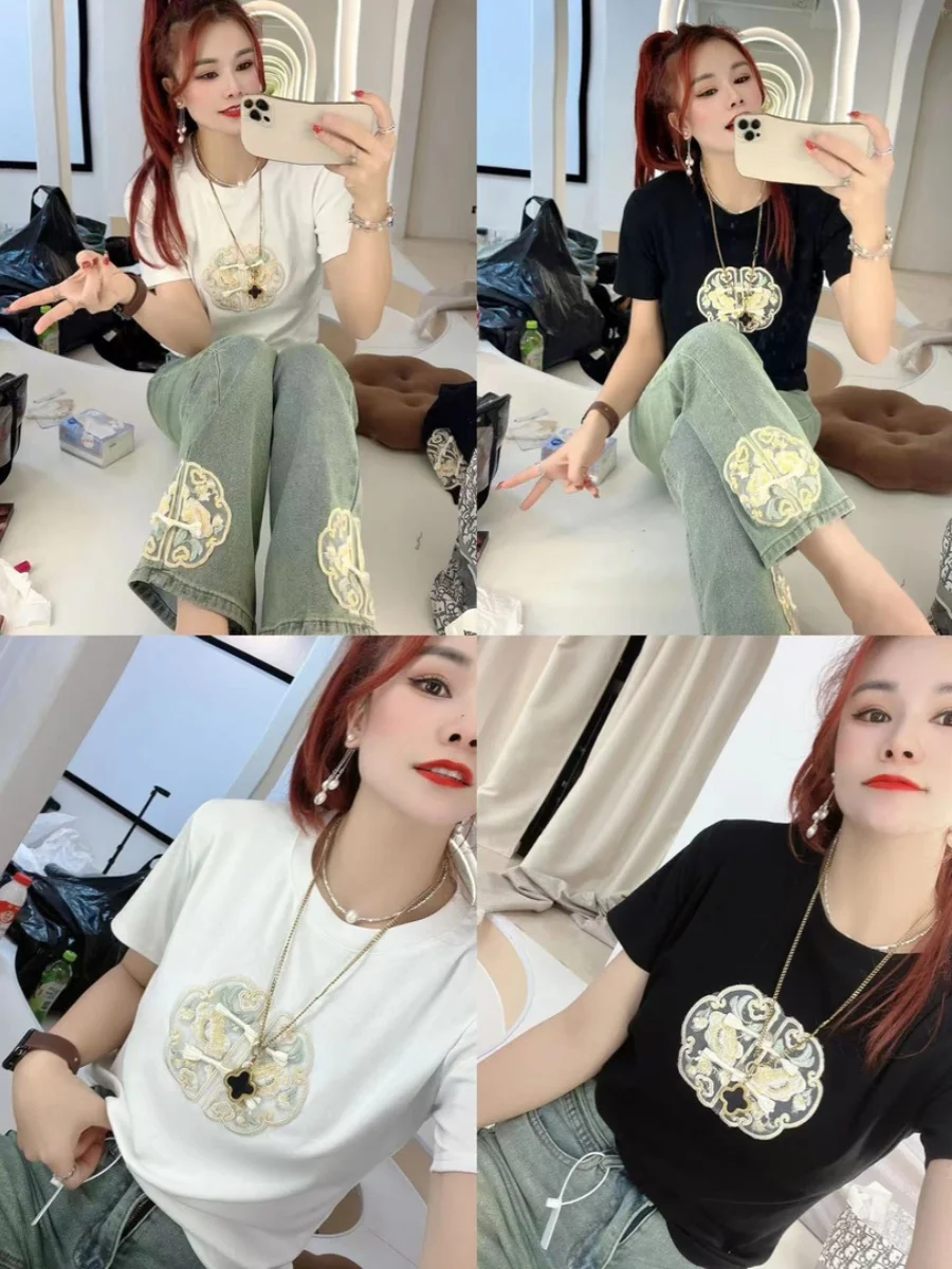 

New Chinese Design ort Sve Women's T-irt Embroidered Slim Fit Pure Cotton round Ne Top Spring Summer Faion Trend