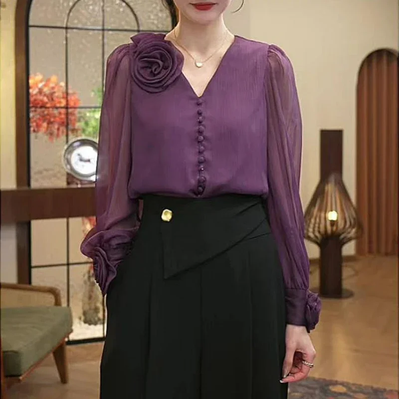 Women Trendy 3D Flower Design Luxury Chic Shirt Office Lady Elegant Commute Blouse Spring Summer Solid V Neck Long Sleeve Tops