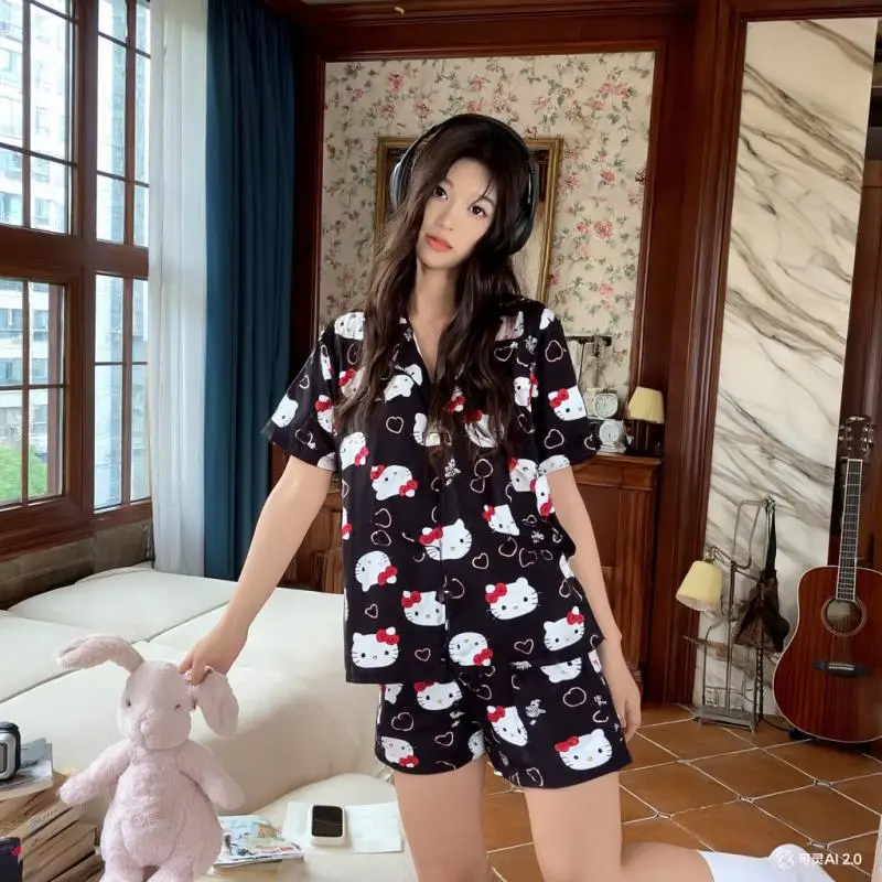 

Комплект Sanrio с короткими рукавами и v-образным вырезом Hello Kittys, универсальные дышащие шорты на пуговицах для дома, свежие милые милые кавайные шорты для девочек, новинка