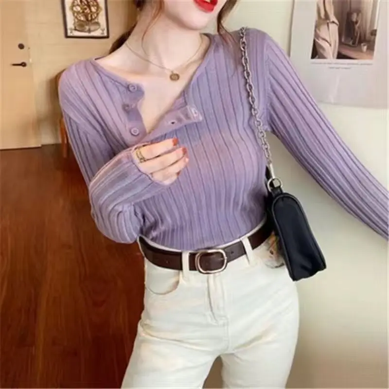 Suéter de manga larga para mujer, jersey de cuello redondo liso, botones de retazos, Tops de punto versátiles delgados, elegante y Simple, nueva moda de otoño