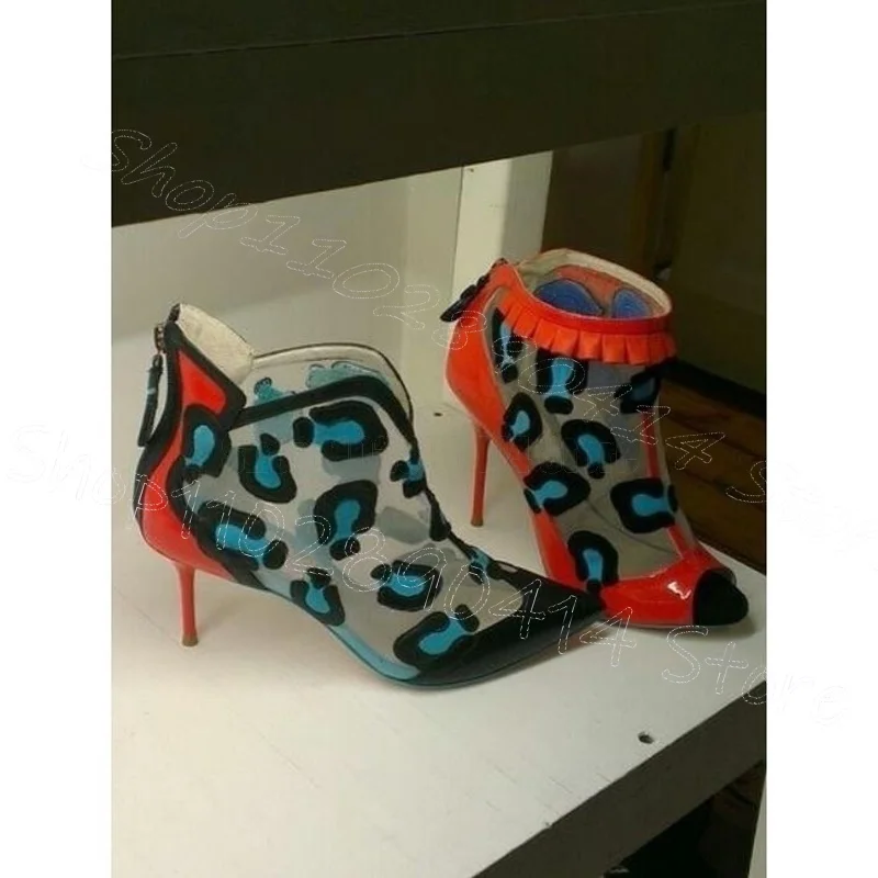 Azul graffiti impressão pvc apontou toe tornozelo botas de volta zíper sapatos femininos finos salto alto moda festa 2025 zapatos para mujere