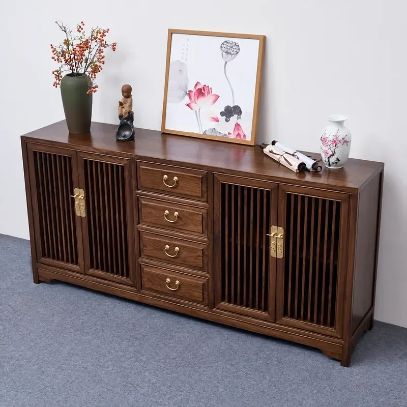 New Chinese Style Entrance Cabinet Old Elm Dining Sideboard Shoe Storage Solid Wood Locker with Drawers Double Door Low