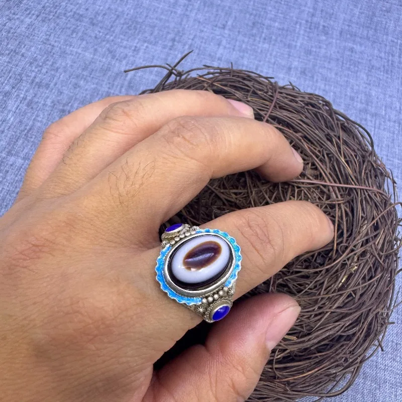 Unisex Tibetan Silver Thumb Ring, Natural Banded Owl Eye Agate Single Line Dzi Stone Ethnic Finger Jewelry