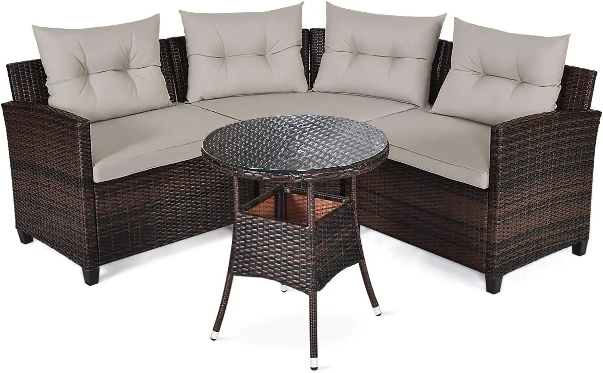 

4 Pieces Rattan Patio Conversation Set, Outdoor Wicker Furniture Set with Cushioned Sofas and Coffee Table, L-Shape Sectional Cu
