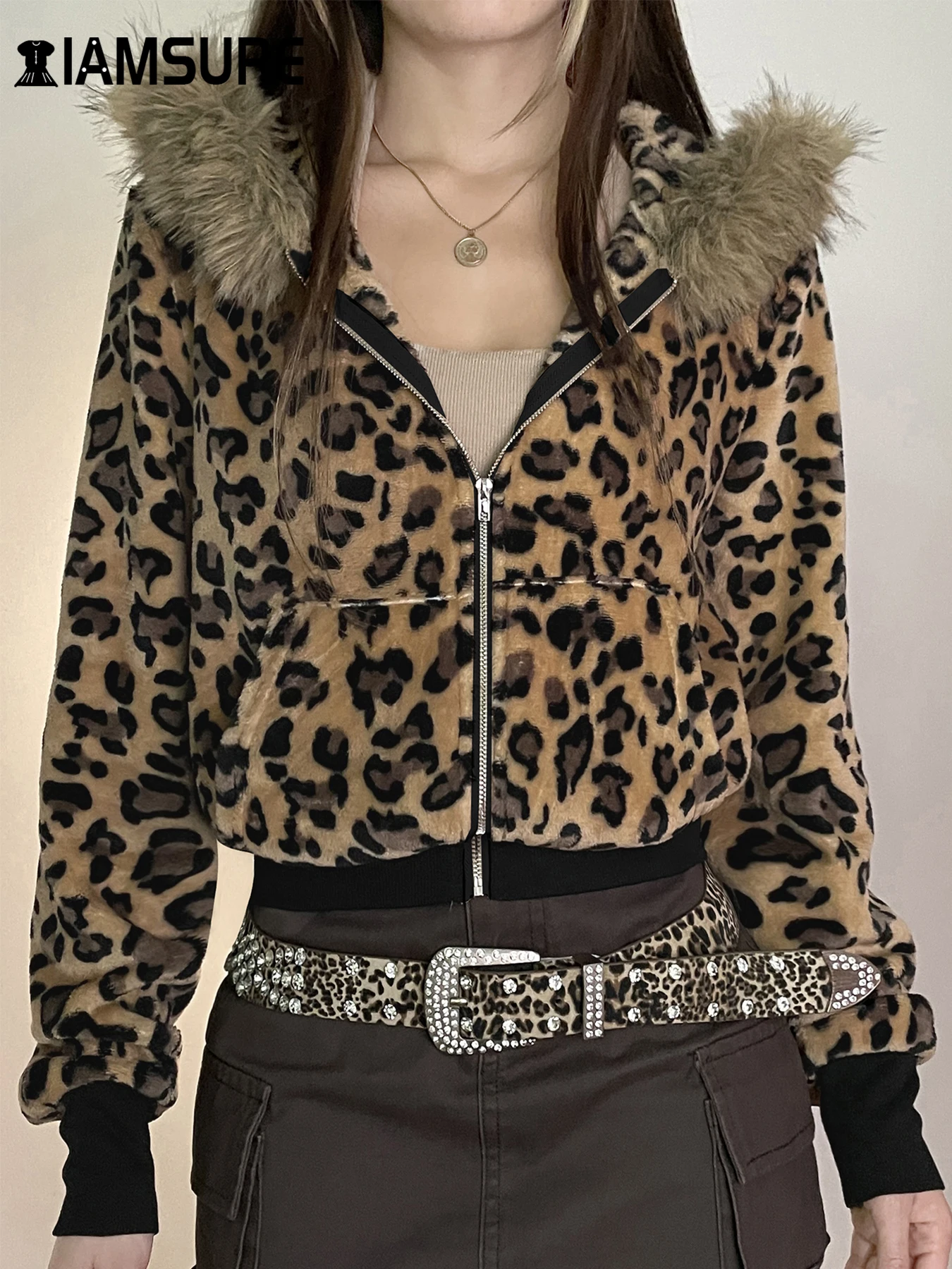 IAMSURE Casual Fur Trim Leopard Coats Loose Hooded Zipper Long Sleeve Jackets Women 2024 Autumn Winter Fashion Streetwear Lady