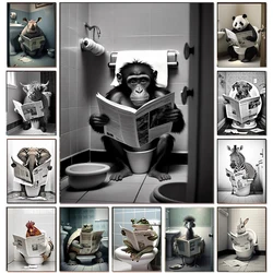 Funny Bathroom Humorous Animal Wall Decor Monkey Dog Cow Sitting on Toilet Reading Newspaper Poster Art Print Canvas Painting