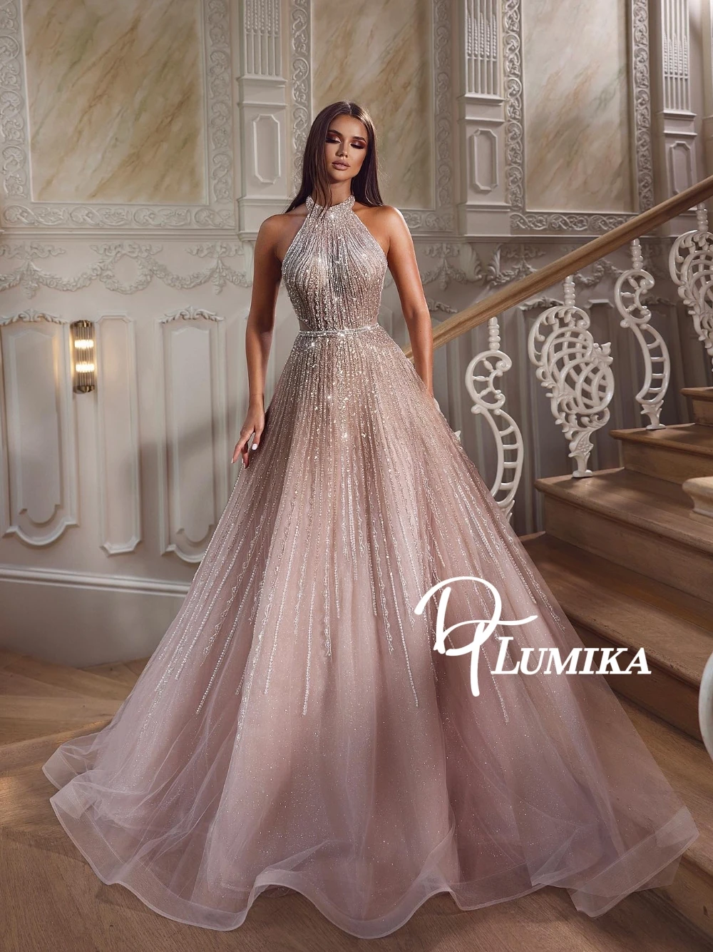 

Elegant Champagne Pink Halter Beaded Evening Dress Romantic A Line Floor-Length Prom Gown For Women Gentle Glitter Formal Wear