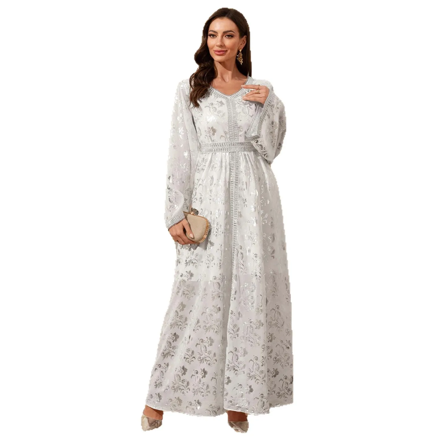 Bild 6: Damenkleid Eid Muslimische Abaya Partykleider Kaftan mit Schärpen Silberfoliendruck Abayas Marokko Dubai Jalabiya Vestidos Arabisches Langes Gewand