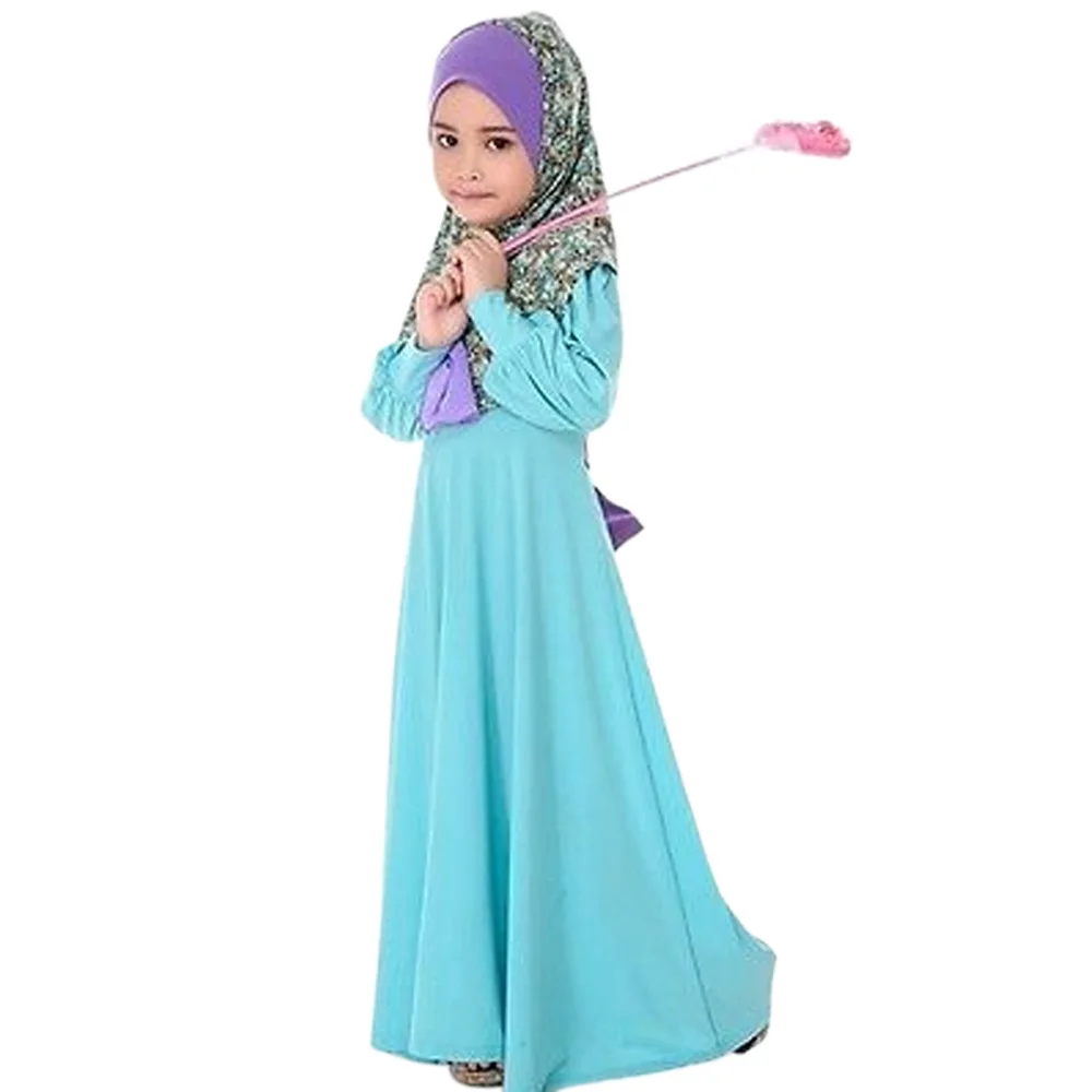 Modest Muslim Dress Prayer Abaya for Girls 80cm-120cm Long Sleeve Islamic Ramadan Clothing Blue Robe Floral Hijab With Belt image 2