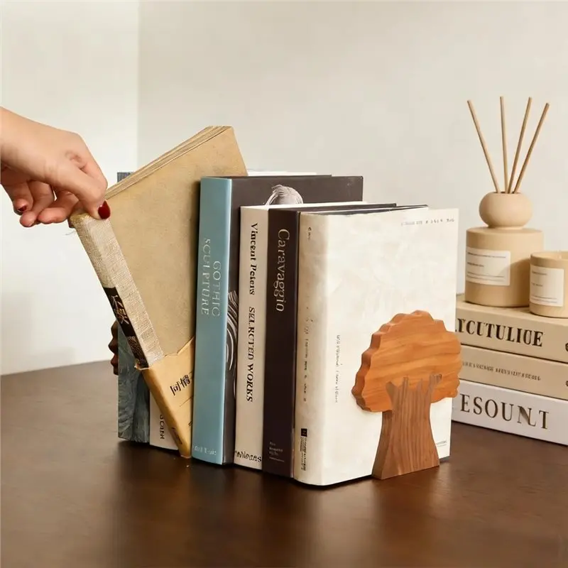 [NEW!】 Decorative For Home Book Ends-Wood Walnut& Cherry Tree Shaped Heavy Duty With Non-Skid Pads For Shelves Support