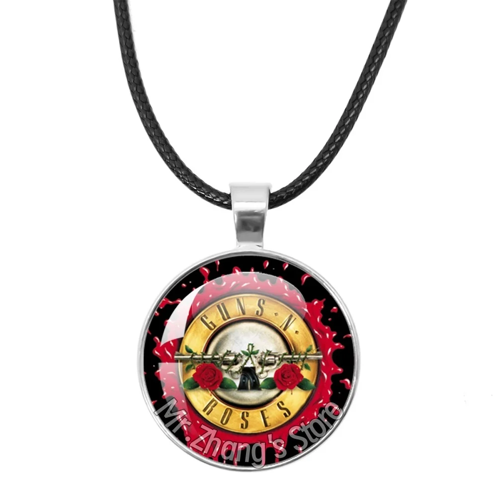 25mm Leather Rope Pendant Guns N Roses Necklace for Men Women Rock Band Glass Cabochon Poster Music Jewelry Fans Souvenir Gift