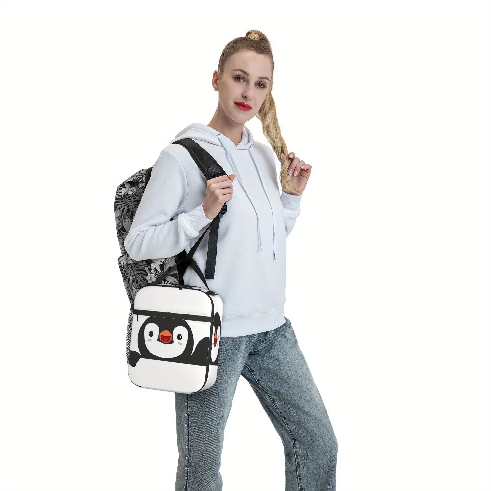 1pc, Cute Penguin Peeking Over Edge Printed Thermal Bag Insulation Lunch Tote for Food Storage - Unisex Portable Reusable Cooler