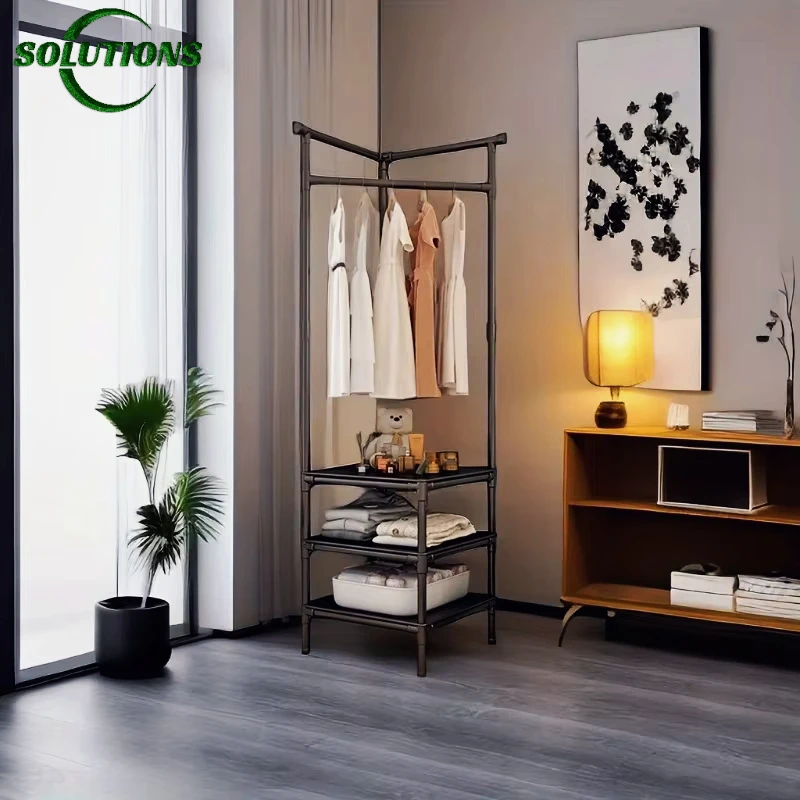 3/2 Tier Simple Clothes Corner Shoe Rack Integrated Hanger Bedroom Stand Organizer Corner Coat Rack Night Table Storage Shelf 