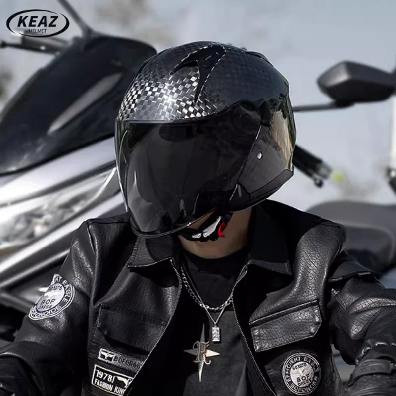Eye-Catching Unique Pattern Forged Carbon Fiber 3/4 Helmet DOT Certified with Quick Release Buckle for Riding Safety All Seasons