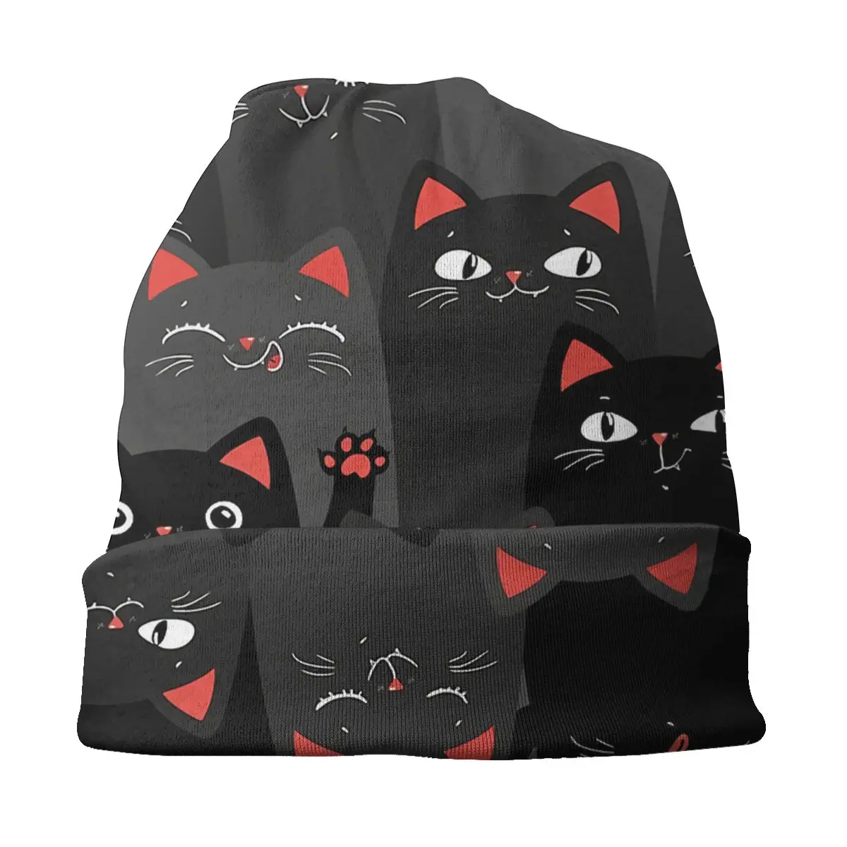 Kawaii Black Cats Pattern Unisex Bonnet Winter Windproof Double Layer Thin Hats For Men Women