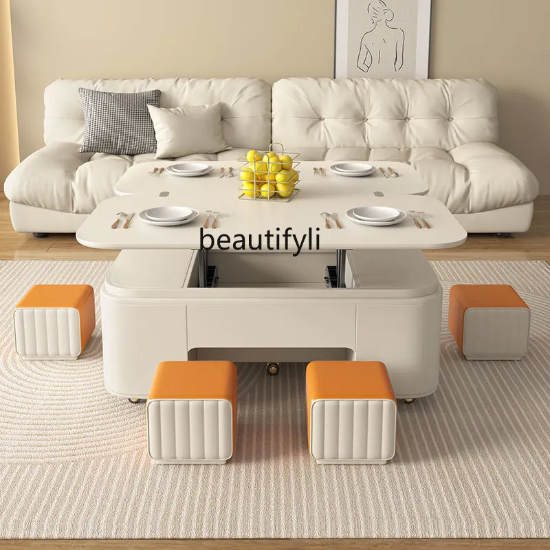 Cream Style Coffee Table Multi-Functional Lifting and Foldable Dining Table Home Living Room Modern Minimalist Desk Dining Table