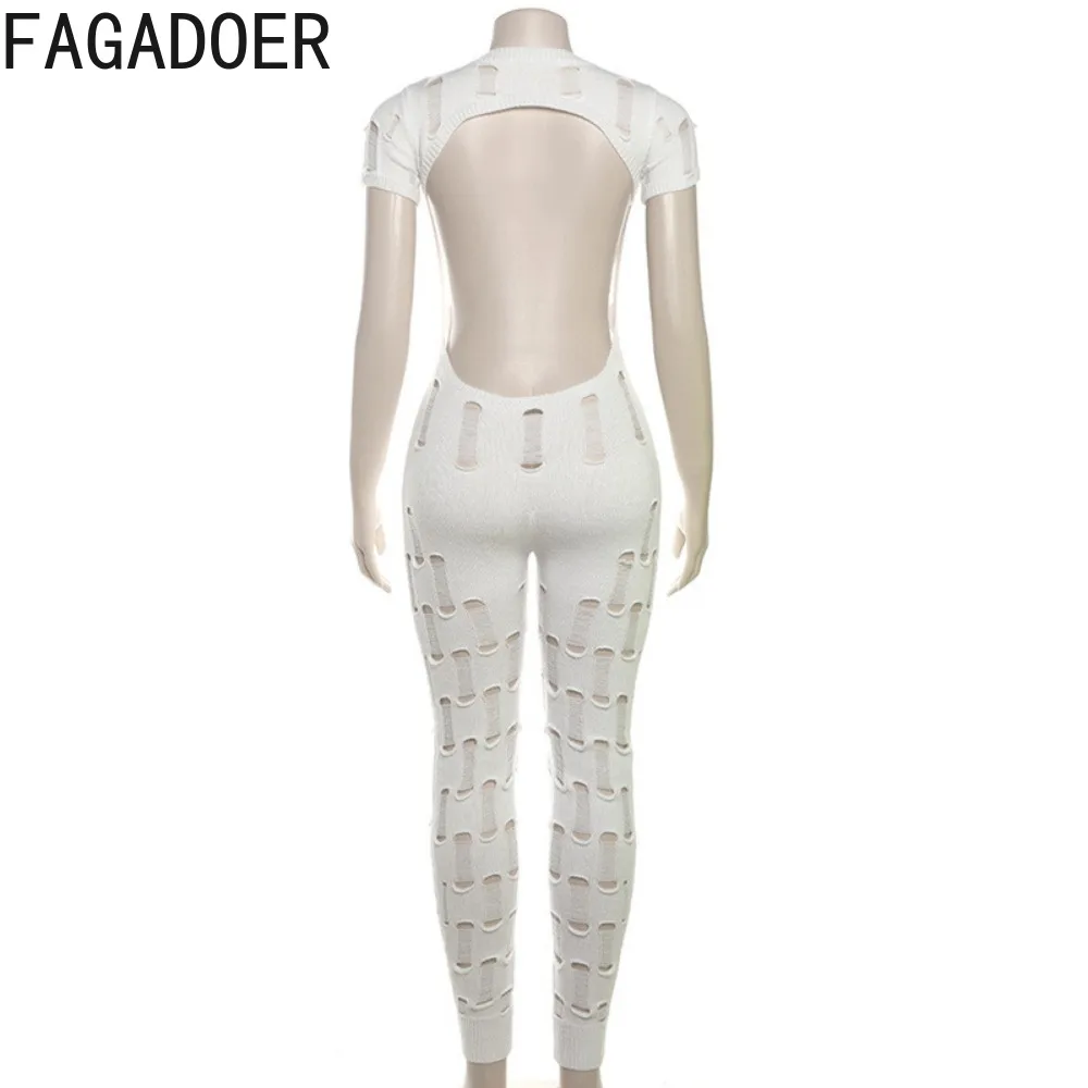 FAGADOER Sexy tinta unita scava fuori Backless Bodycon tute donna girocollo manica lunga Slim salopette corta Fashion Hole complessivo