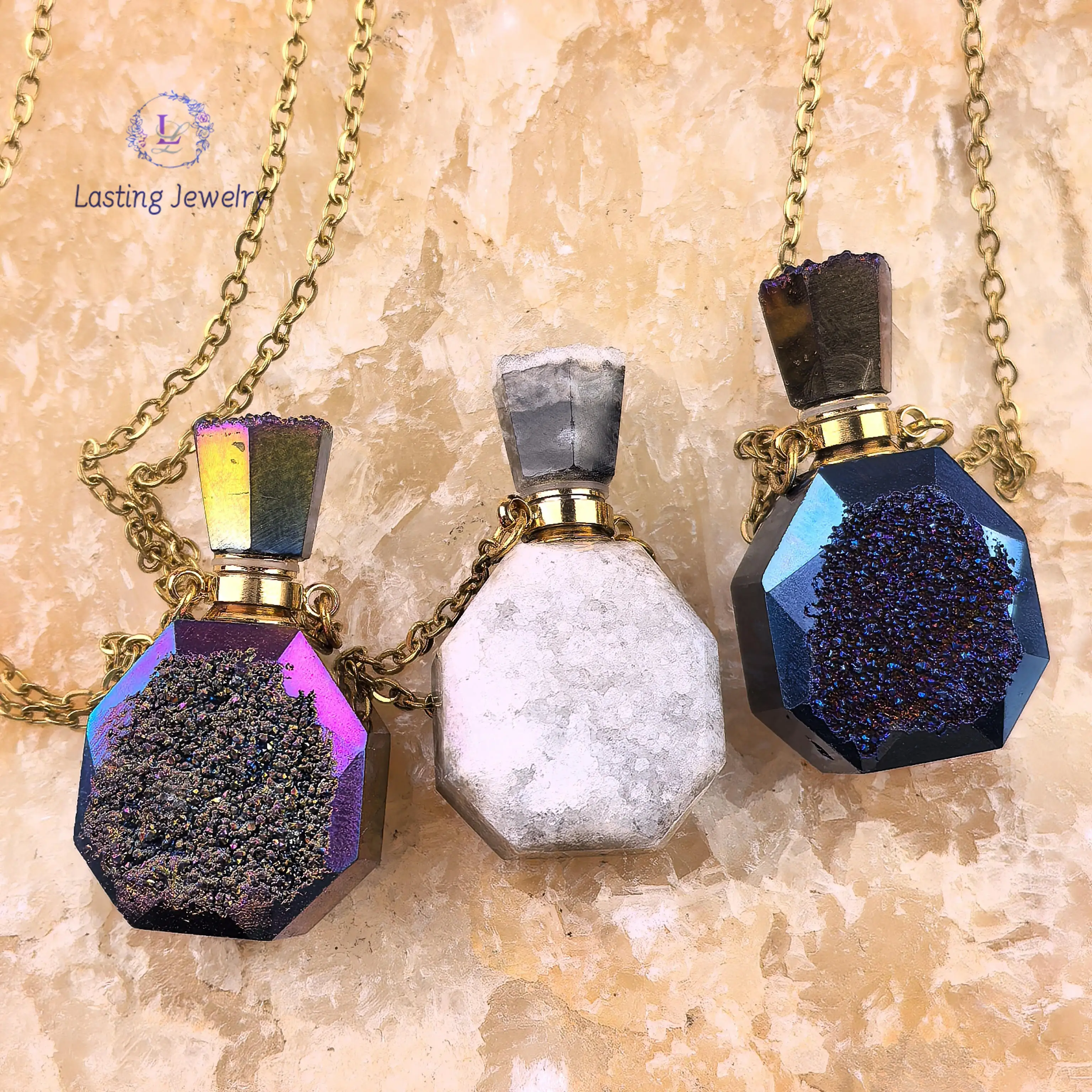 

Natural Geode Essential Oil Diffuser Vial Charms Women Jewelry Gift,Druzy Drusy Healing Crystal Perfume Bottle Pendant Necklace