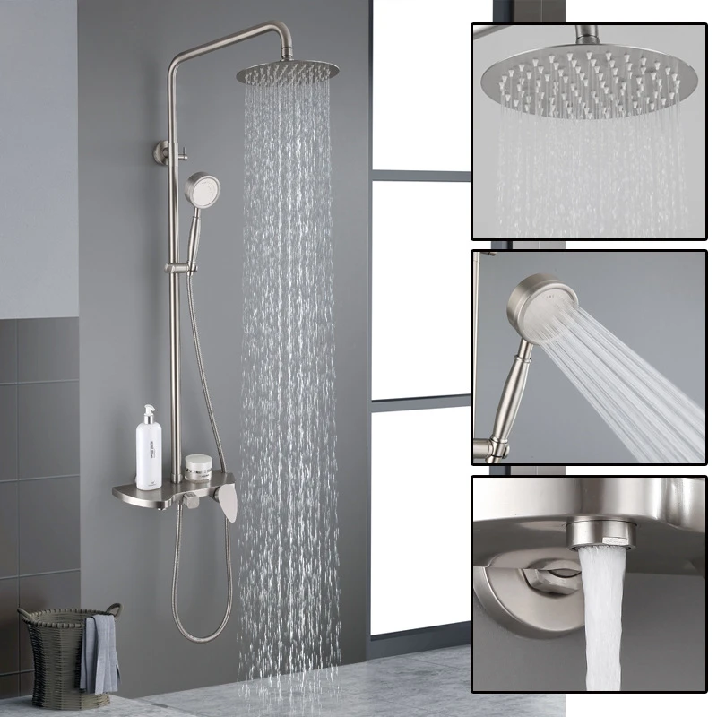 304 Stainless Steel Hot and Cold Shower Combo Set Bathroom Hand Held Top Spray Lifting Shower Mixing Valve Brushed
