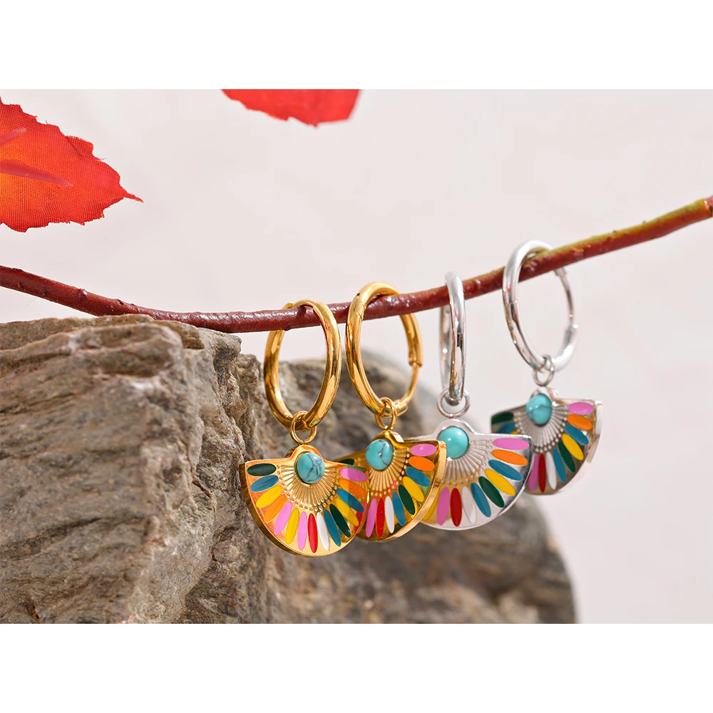 Yhpup Y2K Colorful Enamel Stainless Steel Fan Geometric Bohemian Rainbow Drop Hoop Earrings Women Trendy Fashion Charm Jewelry