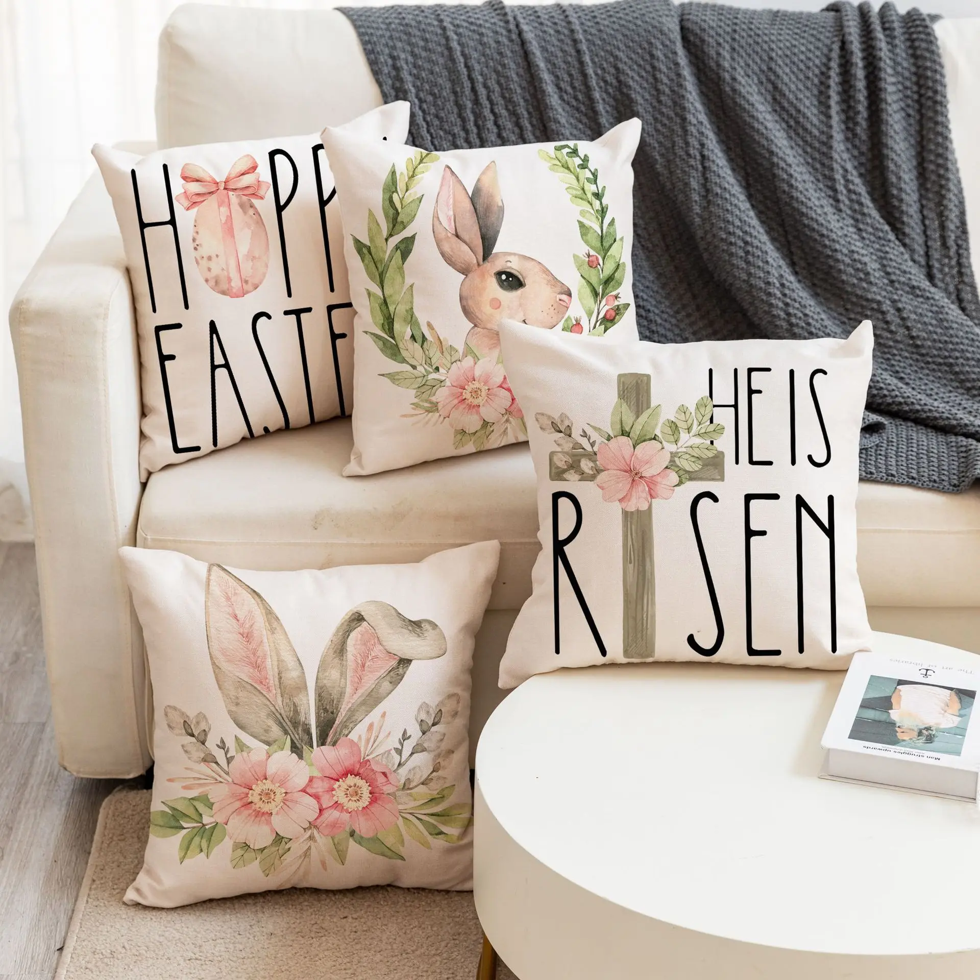 Easter Decorations For Home Happy Easter Pillowcase Line Rabbit Flower Pillow Case Sofa Cushion Cover 45*45CM